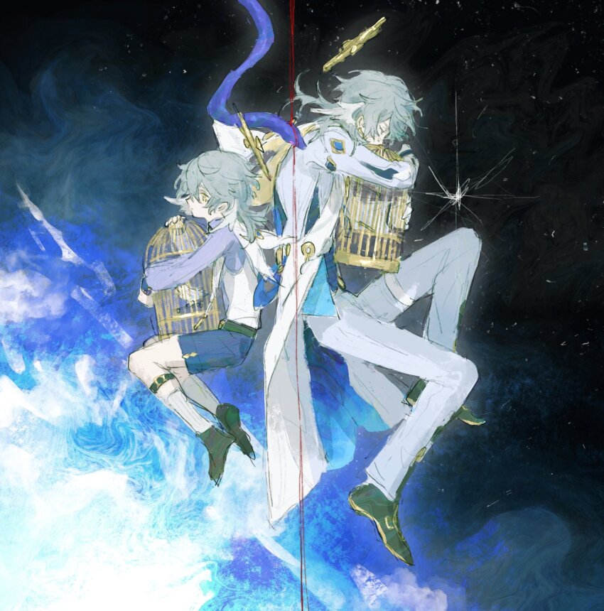 2boys, abstract_background, aged_down, back-to-back, belt, bird, birdcage, black_background