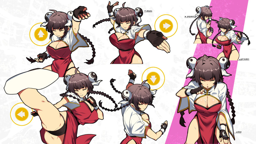 1girl, braid, breasts, brown_hair, china_dress, chinese_clothes, chun_lan_(waifu_fighter), closed_eyes