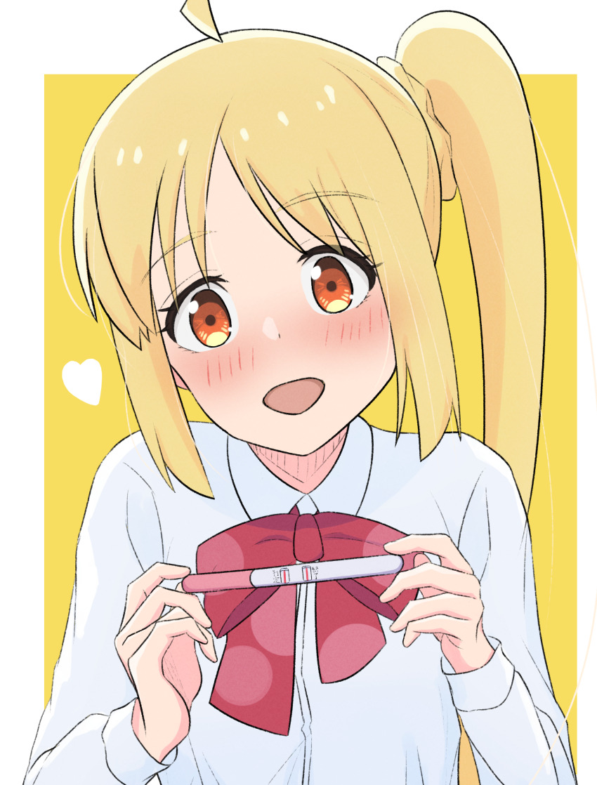 1girl, :d, absurdres, ahoge, ariita-san, blonde_hair, blush, bocchi_the_rock!, border, bow, bowtie, braid, check_commentary, collared_shirt, commentary_request, heart, highres, holding, holding_pregnancy_test, ijichi_nijika, long_hair, long_sleeves, looking_at_viewer, nose_blush, open_mouth, orange_eyes, outside_border, parted_bangs, ponytail, pregnancy_test, red_bow, red_bowtie, school_uniform, shimokitazawa_high_school_uniform, shirt, side_ponytail, side_ponytail_with_braided_base, sidelocks, simple_background, smile, solo, upper_body, white_border, white_shirt, yellow_background
