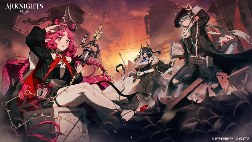 1boy, 2girls, absurdres, arknights, arm_up, bare_shoulders, black_hat, black_jacket, black_pants, blue_ribbon, box, breasts, building, chyko, copyright_name, demon_boy, demon_girl, demon_horns, dress, green_hair, hat, highres, holding, holding_newspaper, horns, jacket, key, keyhole, long_hair, looking_afar, looking_at_viewer, mitm_(arknights), multiple_girls, newspaper, nymph_(arknights), official_art, on_box, open_mouth, orange_sky, outdoors, own_hands_together, pants, pink_eyes, pink_hair, pointy_ears, power_lines, qalaisa_(arknights), ribbon, sitting, sitting_on_box, sky, smile, tail