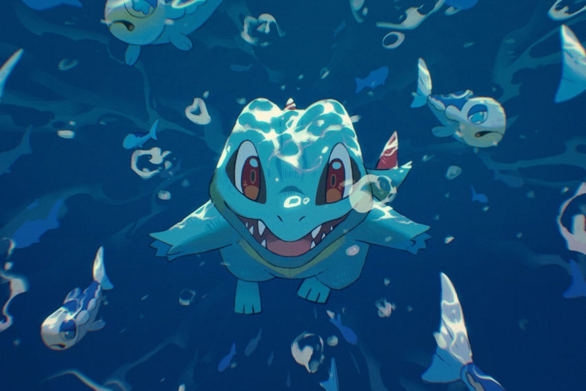 air_bubble, animal_focus, blue_eyes, bubble, fish, full_body, gen_2_pokemon, gen_7_pokemon, nintendo, no_humans, open_mouth, pokemon, pokemon_(creature), pokemon_focus, red_eyes, sharp_teeth, smile, swimming, teeth, totodile, underwater, wishiwashi, wishiwashi_(solo), wulie_errr