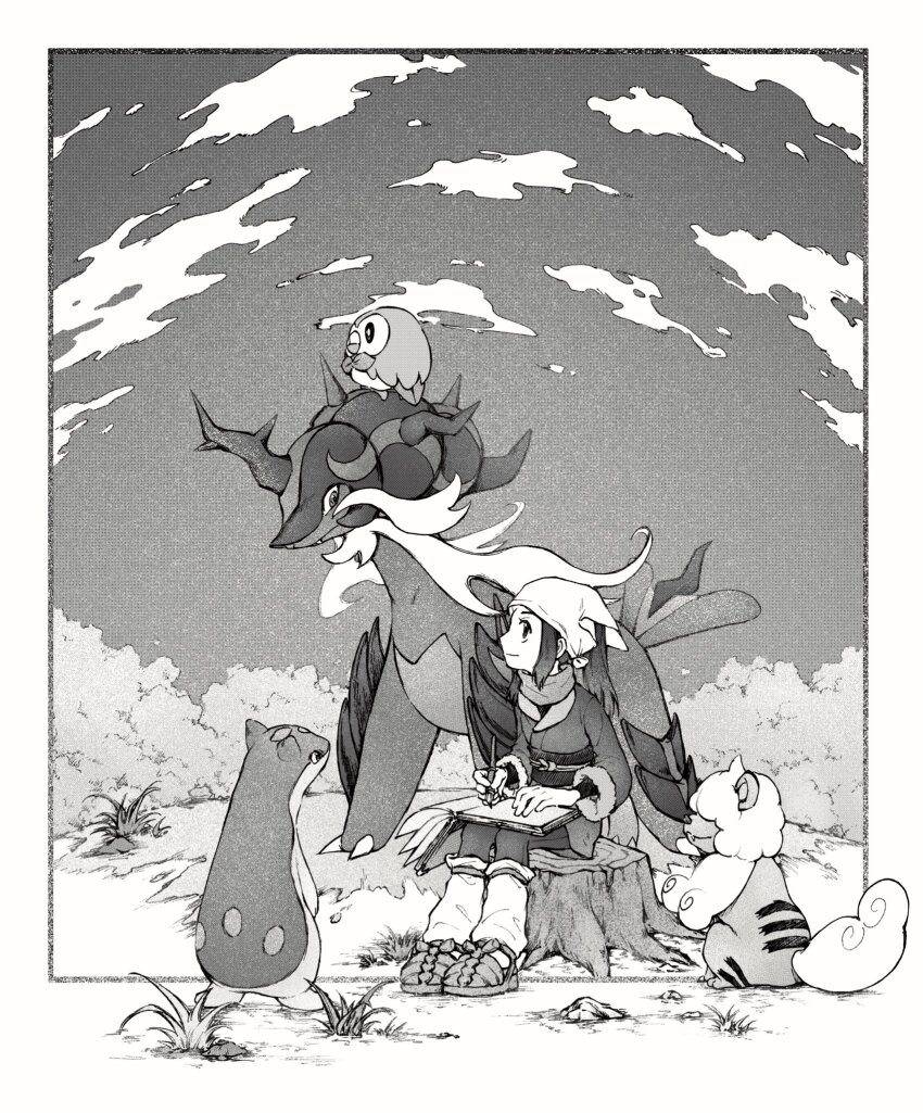 1girl, akari_(pokemon), bird, black_hair, book, border, closed_mouth, dog