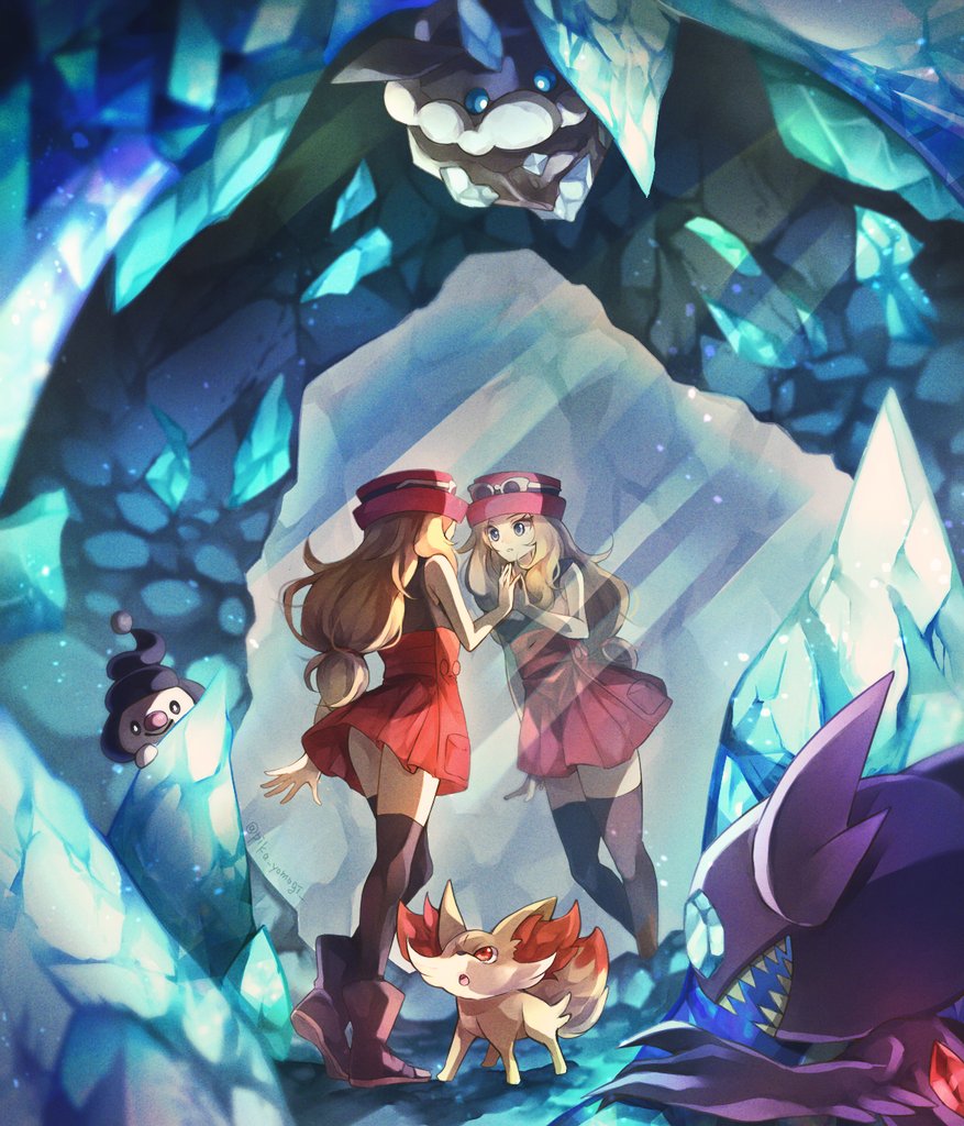 1girl, :o, animal_ear_fluff, black_shirt, black_socks, blonde_hair, blue_eyes, carbink, cave_interior, closed_mouth, commentary_request, crystal, eyelashes, eyewear_on_headwear, fennekin, full_body, gem_eyes, gen_3_pokemon, gen_4_pokemon, gen_6_pokemon, grey_eyes, hand_on_wall, hat, kneehighs, long_hair, looking_at_reflection, mime_jr., nintendo, open_mouth, orange_eyes, pink_hat, pokemon, pokemon_(creature), pokemon_x_and_y, red_skirt, reflection, reflective_surface, sableye, serena_(pokemon), sharp_teeth, shirt, skirt, sleeveless, sleeveless_shirt, socks, standing, sunglasses, teeth, touching_reflection, white-framed_eyewear, yomogi_(black-elf)