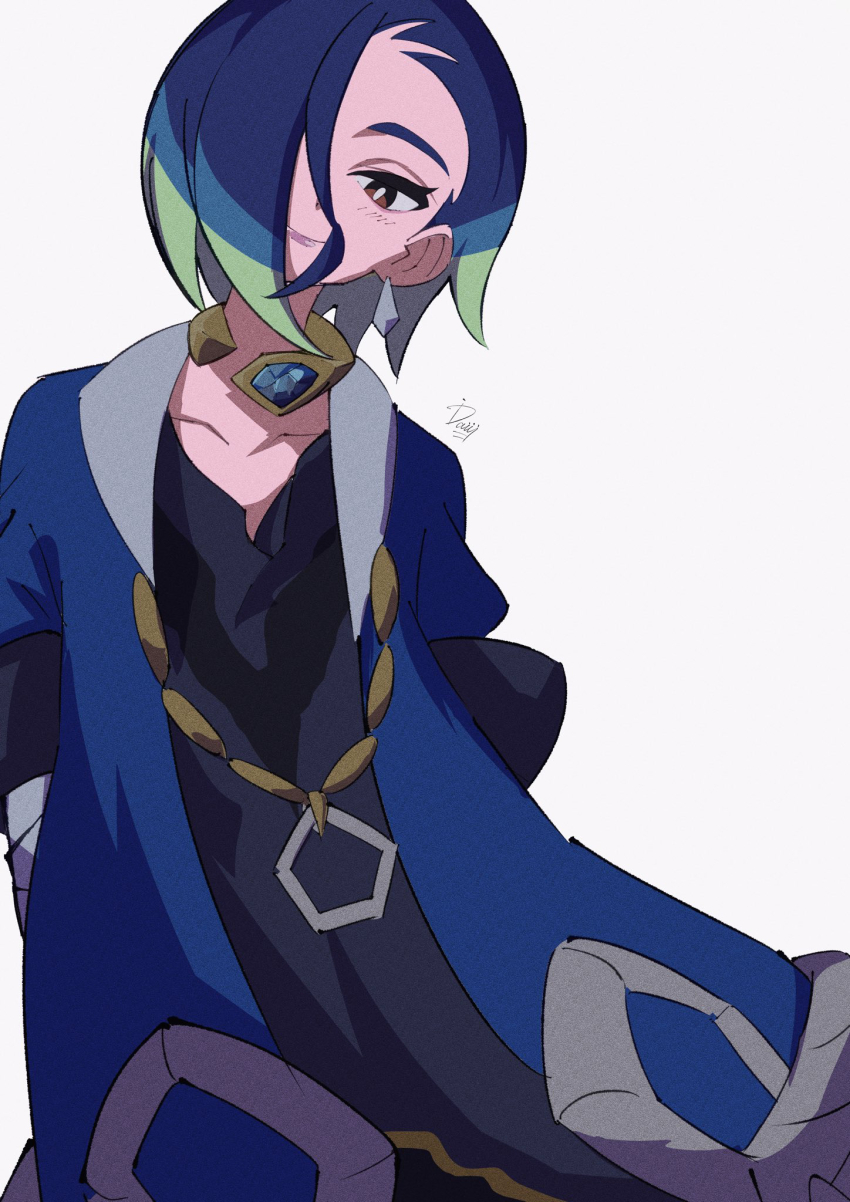 1girl, adaman_(pokemon), adaman_(pokemon)_(cosplay), alternate_costume, blue_hair, blue_jacket, brown_eyes, closed_mouth