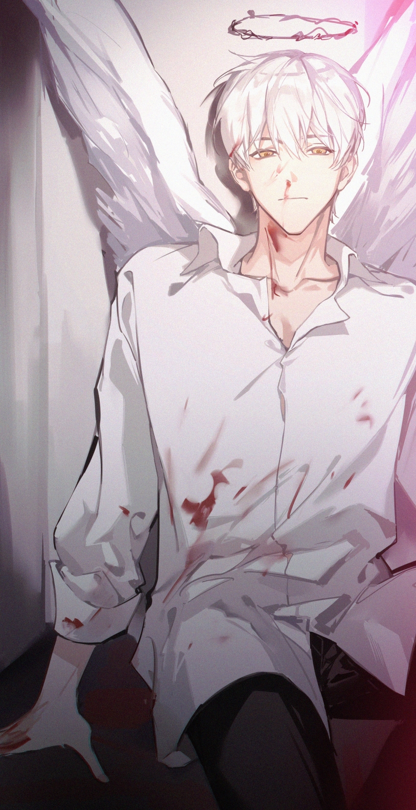 1boy, absurdres, angel, angel_wings, azha8, black_pants, blood, blood_in_hair