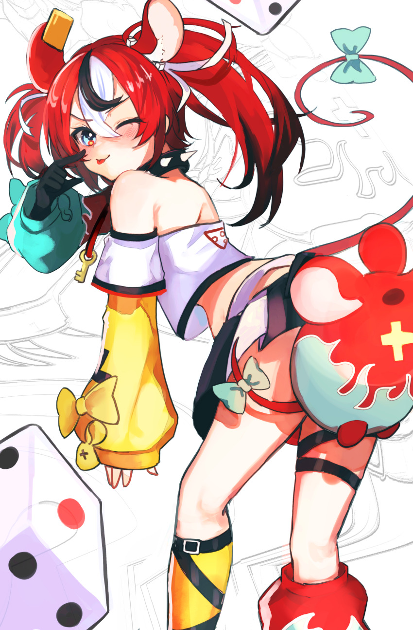 1girl, ;p, absurdres, akanbe, animal_ears, bare_shoulders, black_collar, black_gloves