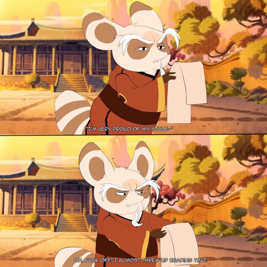 1boy, chinese_clothes, commentary, english_commentary, english_text, facial_hair, furry, furry_male, highres, holding, holding_paper, hypnokoo, kung_fu_panda, looking_at_object, male_focus, master_shifu, meme, mustache, paper, red_panda_boy, red_panda_ears, red_panda_tail, winnie_the_pooh_reading_(meme)