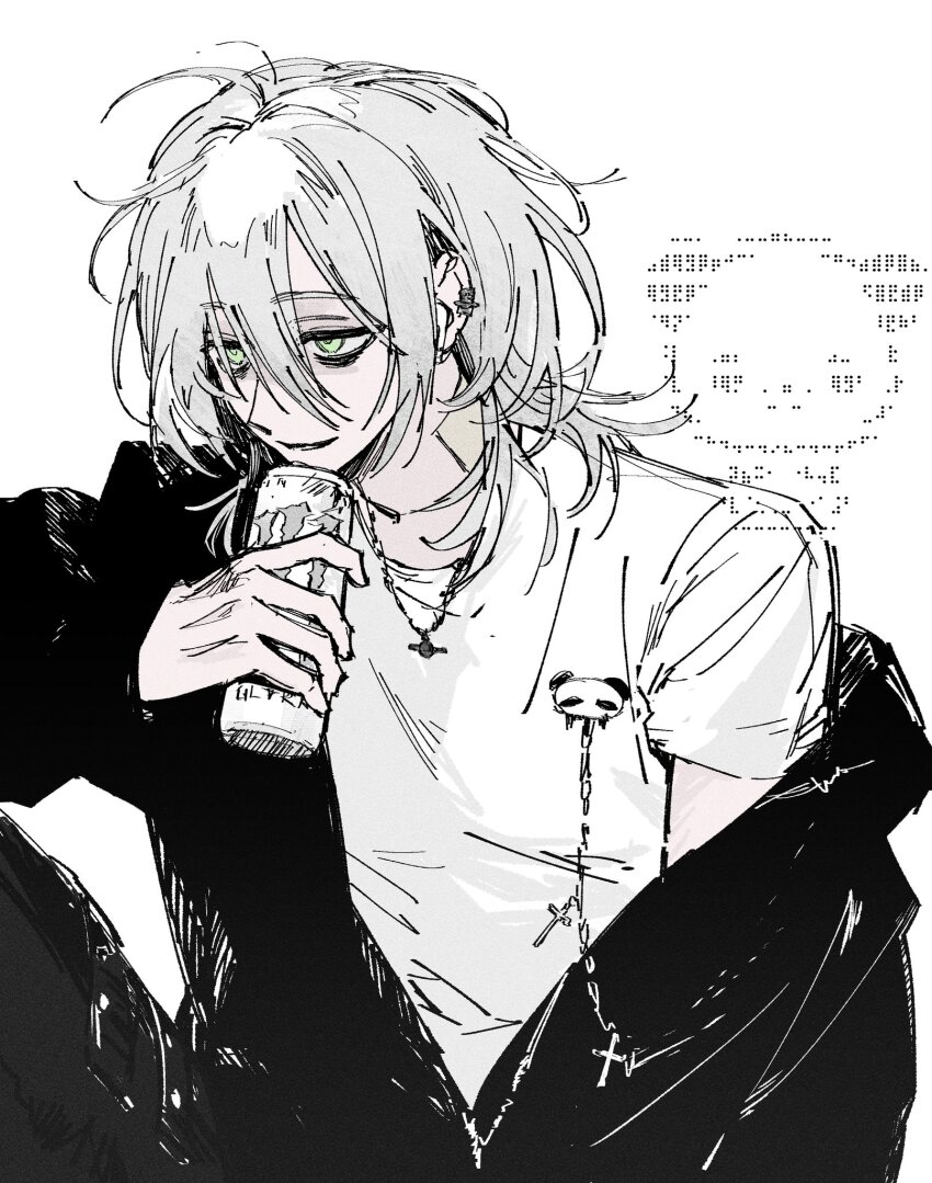 1boy, bags_under_eyes, black_jacket, can, chenpeipeii, ear_piercing, green_eyes, hand_up