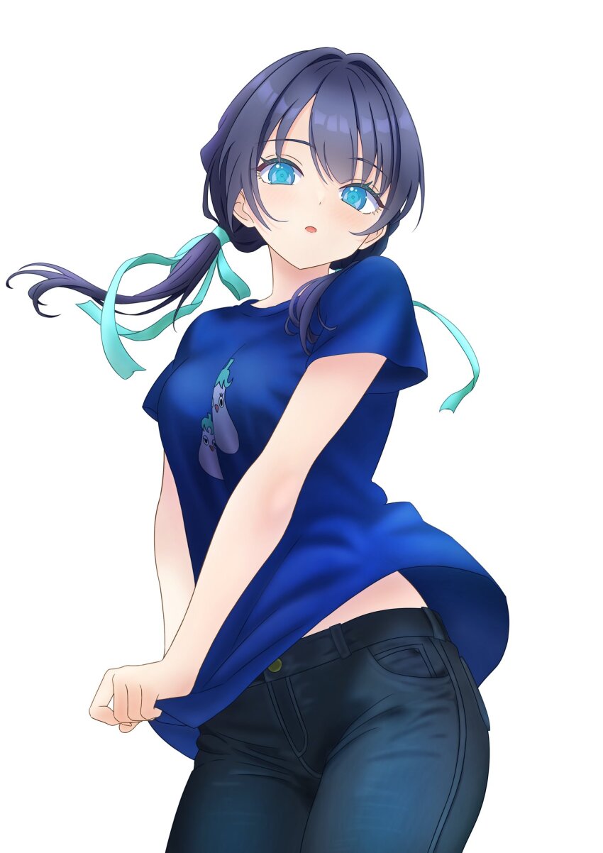 1girl, blue_eyes, blue_hair, blue_pants, blue_ribbon, blue_shirt, blush, breasts, check_commentary, commentary_request, contrapposto, cowboy_shot, denim, eggplant, hair_ribbon, highres, jeans, kara_iroha, link!_like!_love_live!, long_hair, looking_at_viewer, love_live!, low_twintails, medium_breasts, merchandise, midriff_peek, murano_sayaka, pants, parted_lips, ribbon, shirt, shirt_tug, short_sleeves, simple_background, solo, twintails, vegetable_print, virtual_youtuber, white_background