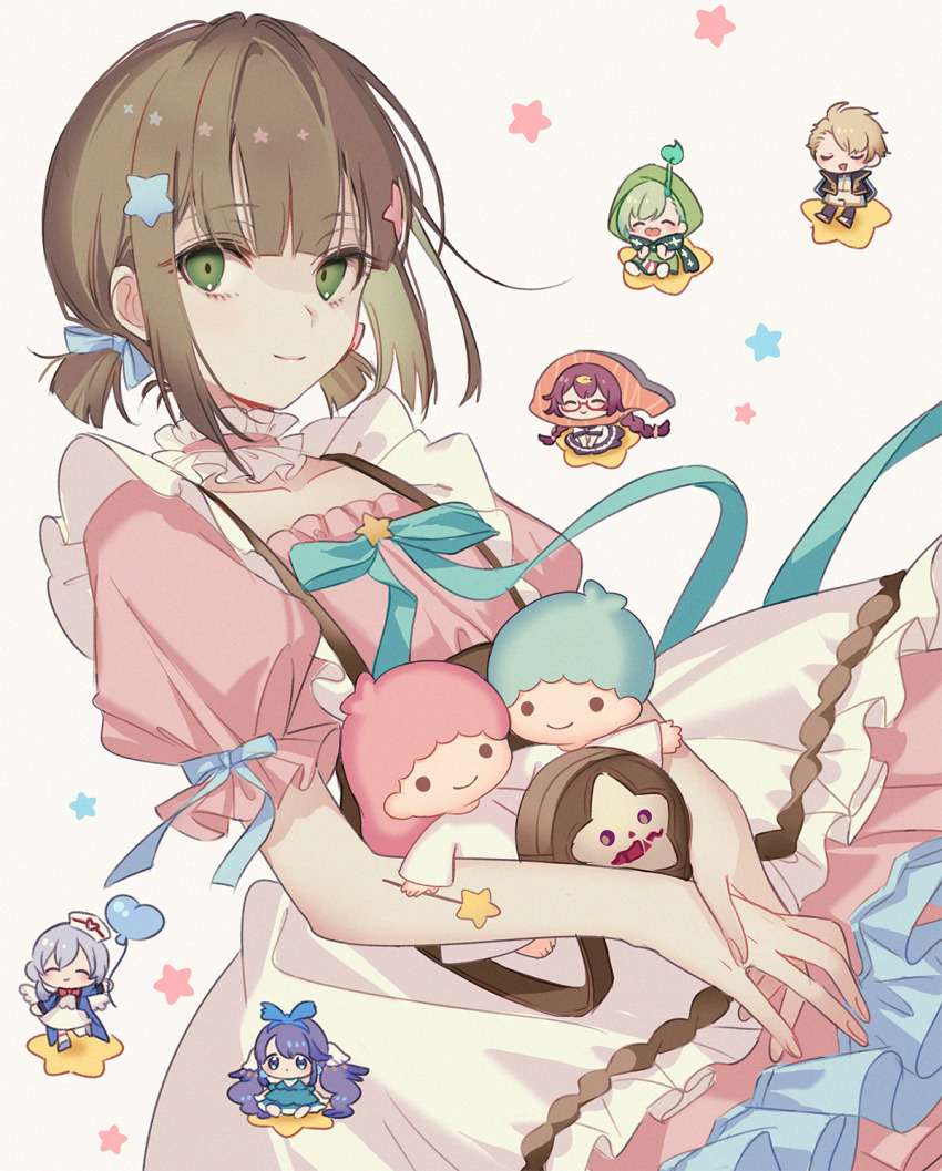 3boys, 5girls, aladdin_(sinoalice), blue_ribbon, blunt_bangs, brown_hair, chibi, chibi_inset