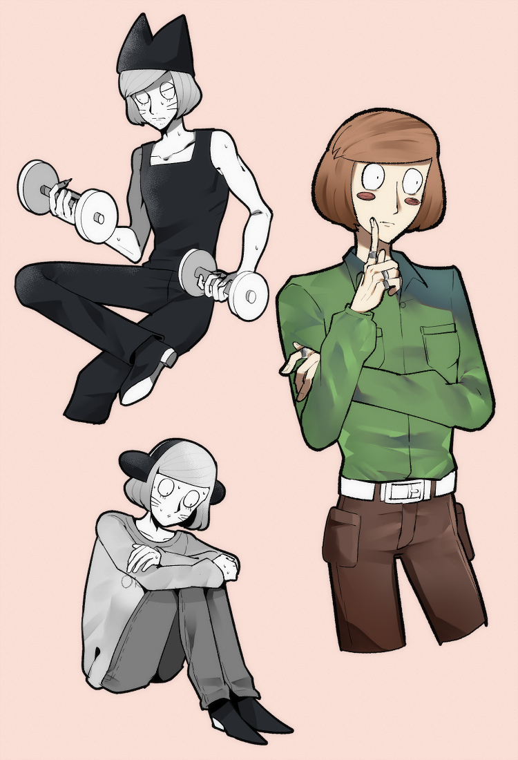 3boys, animal_hat, black_eyes, blush_stickers, brown_hair, cat_hat, commentary_request, dumbbell