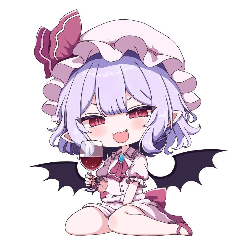 1girl, :3, :d, absurdres, alcohol, ascot, bat_wings, between_legs, blush, bow, chibi, chibi_only, collared_shirt, commentary_request, cup, drinking_glass, fang, frilled_shirt_collar, frills, full_body, hand_between_legs, hat, hat_ribbon, high_heels, highres, holding, holding_cup, liefeng_dm, looking_at_viewer, mob_cap, open_mouth, pink_hat, pink_skirt, pointy_ears, puffy_short_sleeves, puffy_sleeves, purple_hair, red_ascot, red_bow, red_eyes, red_ribbon, red_shoes, remilia_scarlet, ribbon, shirt, shoes, short_hair, short_sleeves, simple_background, sitting, skirt, skirt_set, sleeve_bow, smile, solo, thick_eyebrows, touhou, v-shaped_eyebrows, waist_bow, wariza, white_background, white_shirt, wine, wine_glass, wings