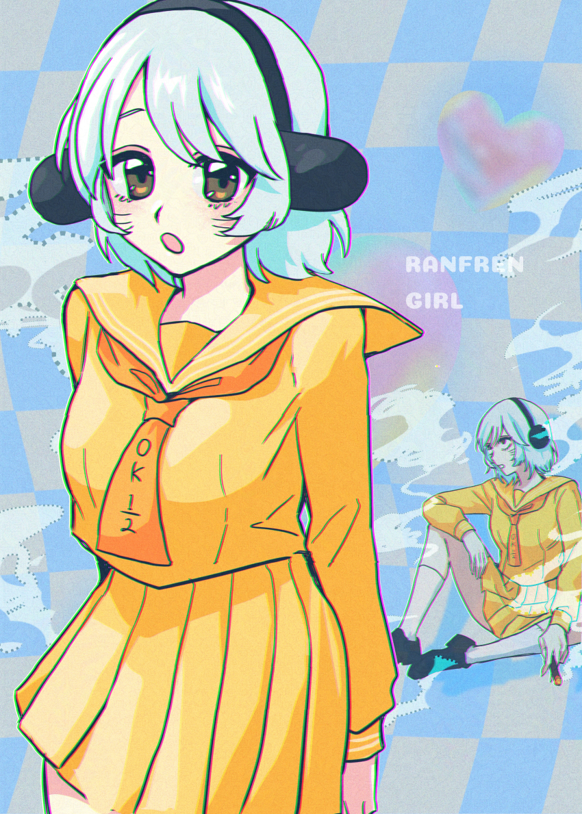 1girl, absurdres, animal_ears, blue_background, blue_hair, brown_eyes, checkered_background, commentary_request, drugs, fake_animal_ears, genderswap, genderswap_(mtf), harunoseki0414, highres, looking_at_viewer, marijuana, multiple_views, nyon_(randal's_friends), randal's_friends, school_uniform, serafuku, short_hair, skirt, smoking, yellow_serafuku