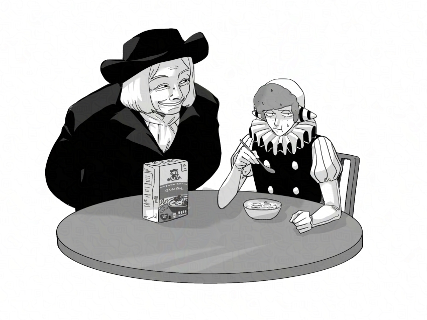 2boys, arms_behind_back, ascot, clown, coat, commentary_request, eating, etheral_q