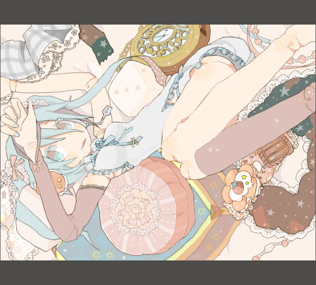 1girl, detached_sleeves, doll_joints, female_focus, frills, hatsune_miku, higashi_(azm), joints