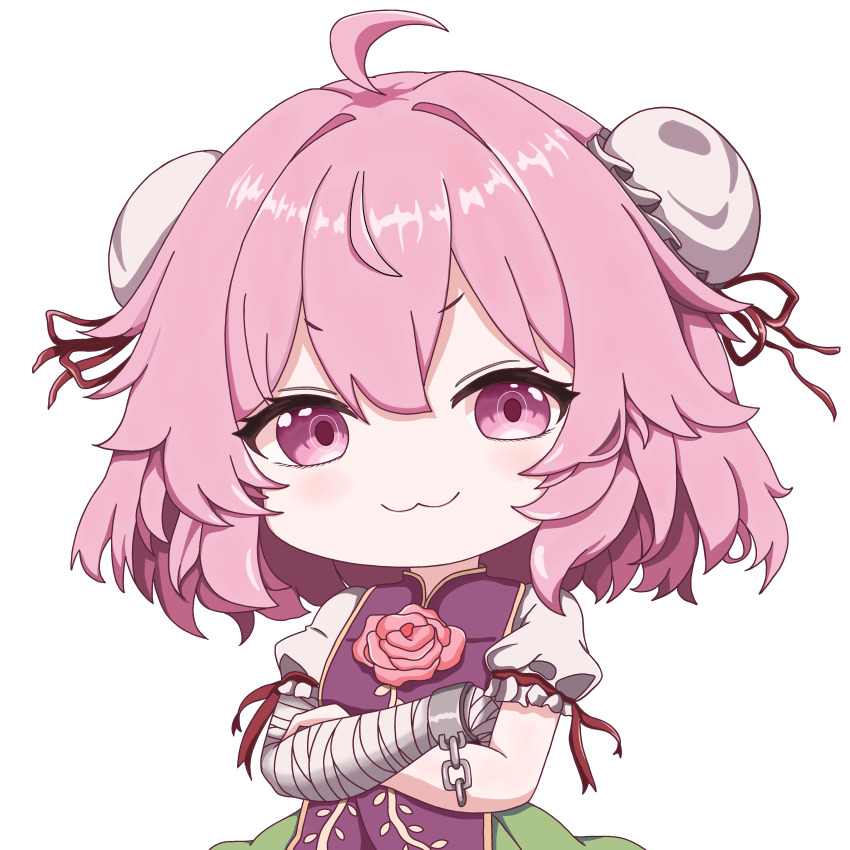 1girl, :3, absurdres, ahoge, bandaged_arm, bandages, blush, bun_cover