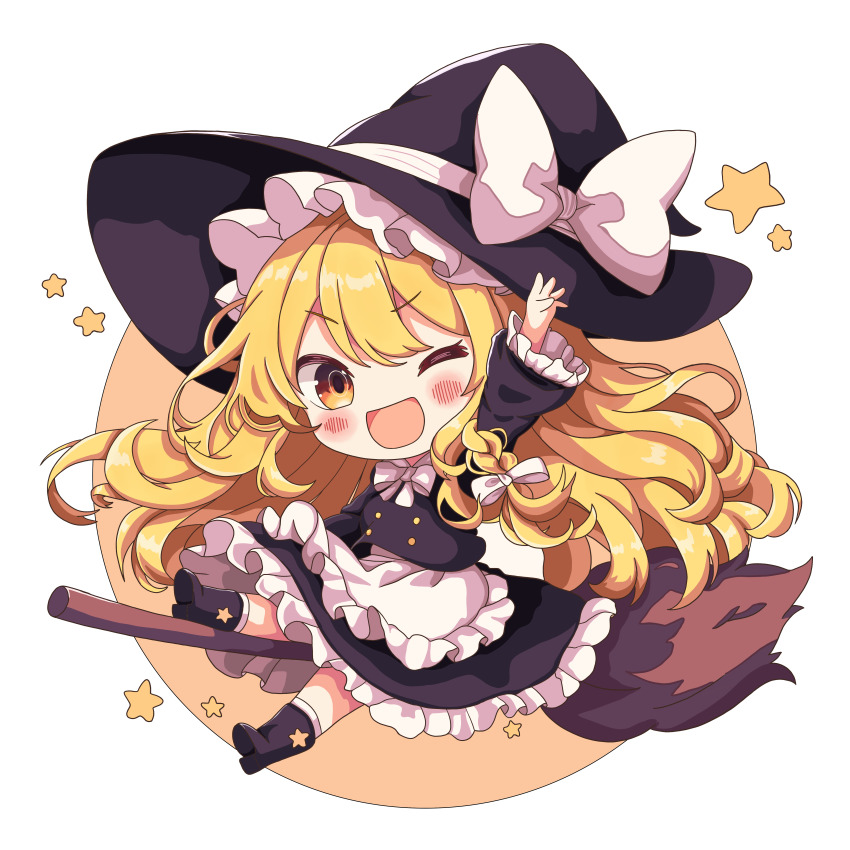 1girl, ;d, absurdres, apron, arm_up, black_hat, black_shirt, black_skirt, blonde_hair, blush, boots, bow, braid, broom, broom_riding, brown_boots, chibi, chibi_only, commentary_request, frilled_skirt, frilled_sleeves, frills, full_body, hair_bow, hat, hat_bow, highres, kirisame_marisa, liefeng_dm, long_hair, long_sleeves, looking_at_viewer, one_eye_closed, open_mouth, outstretched_arm, shirt, single_braid, skirt, skirt_set, smile, socks, solo, star_(symbol), touhou, v-shaped_eyebrows, waist_apron, white_apron, white_bow, white_socks, yellow_eyes
