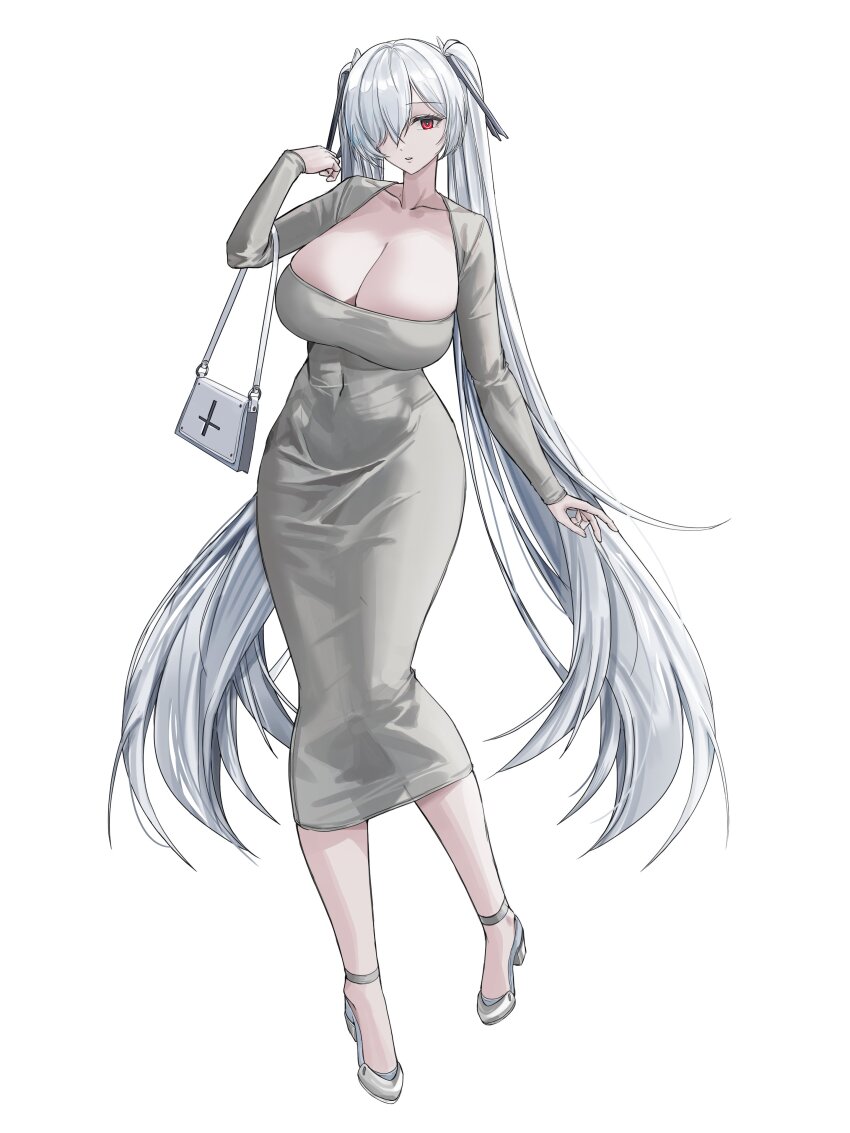 1girl, absurdres, alternate_costume, bag, breasts, cinderella_(nikke), cleavage, covered_navel