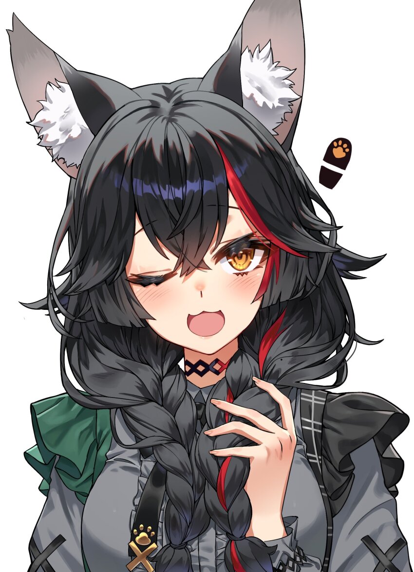 1girl, ;d, absurdres, animal_ear_fluff, animal_ears, black_hair, blush, braid