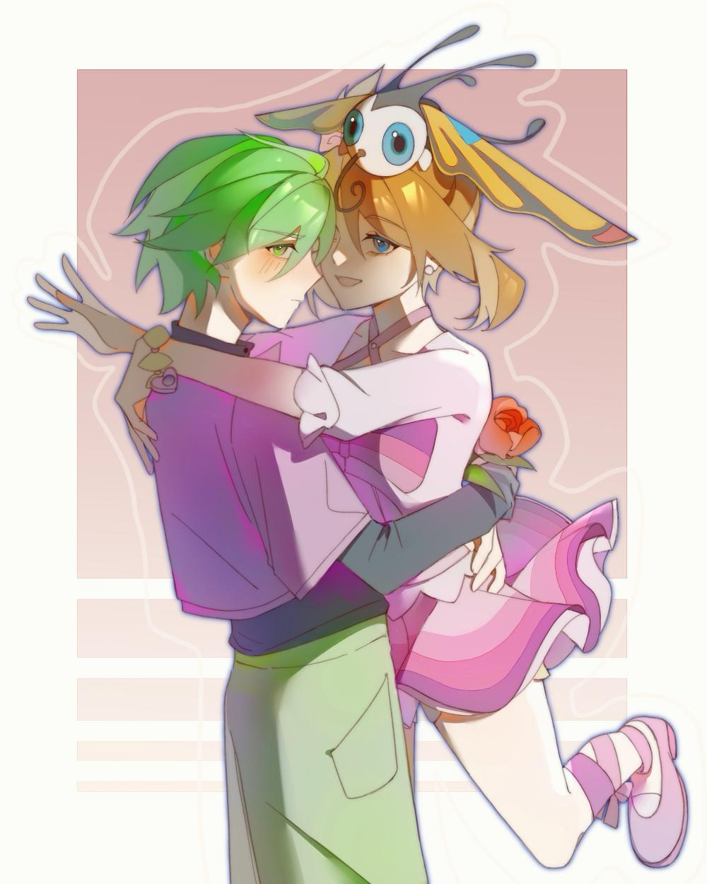 1boy, 1girl, :d, beautifly, blue_eyes, bracelet, brown_hair, closed_mouth