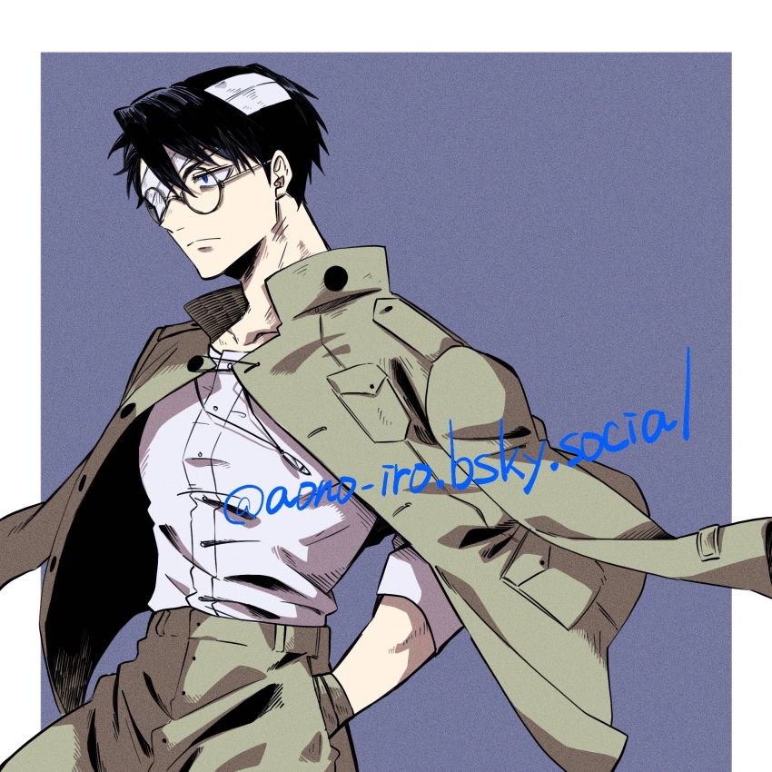 1boy, aono-iro, artist_name, bandage_over_one_eye, black_hair, blue_eyes, bluesky_username, drunk_bullet