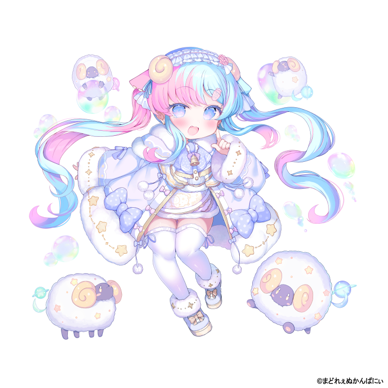 1girl, :d, bell, blue_eyes, blue_footwear, blue_hair, blue_hairband, blue_ribbon