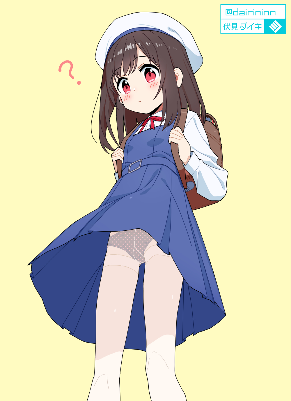1girl, ?, backpack, bag, blush, brown_hair, closed_mouth, dairininn, hat, highres, loli, medium_hair, original, panties, pantyshot, randoseru, red_eyes, red_ribbon, ribbon, school_uniform, simple_background, skirt, solo, thighhighs, thighs, underwear, white_thighhighs