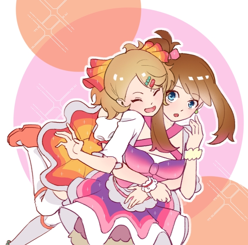 2girls, :d, :o, blonde_hair, blue_eyes, blush, bracelet, brown_hair, closed_eyes, commentary_request, couple, earrings, fjne5534, hair_ornament, hair_ribbon, hairclip, hand_up, hug, hug_from_behind, jewelry, looking_at_viewer, may_(pokemon), multiple_girls, nintendo, one_side_up, open_mouth, orange_shoes, outline, overskirt, pokemon, pokemon_(anime), pokemon_journeys, ribbon, serena_(pokemon), shirt, shoes, smile, thighhighs, white_shirt, white_thighhighs, wrist_cuffs, yuri