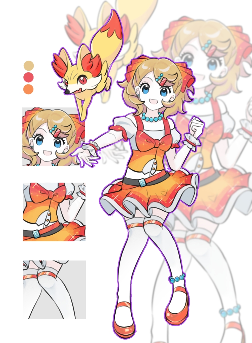 1girl, :d, bead_necklace, beads, blonde_hair, blue_eyes, clenched_hand, color_guide