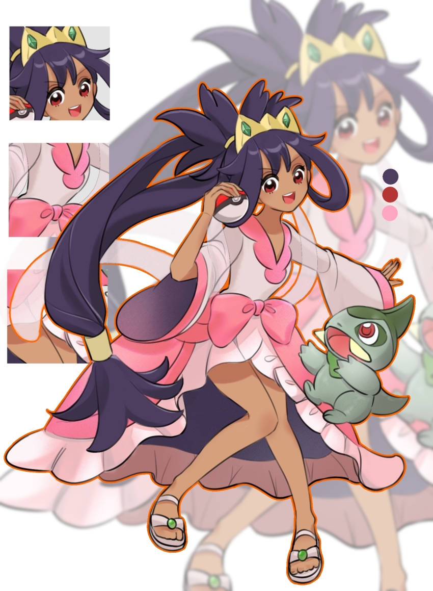 1girl, :d, axew, black_hair, bow, color_guide, commentary_request, fjne5534, gen_5_pokemon, hair_rings, highres, holding, holding_poke_ball, iris_(pokemon), knees_together_feet_apart, long_hair, low-tied_long_hair, nintendo, open_mouth, pink_bow, poke_ball, poke_ball_(basic), pokemon, pokemon_(creature), pokemon_black_2_and_white_2, sandals, shirt, smile, teeth, toes, upper_teeth_only, v-neck, wide_sleeves, zoom_layer