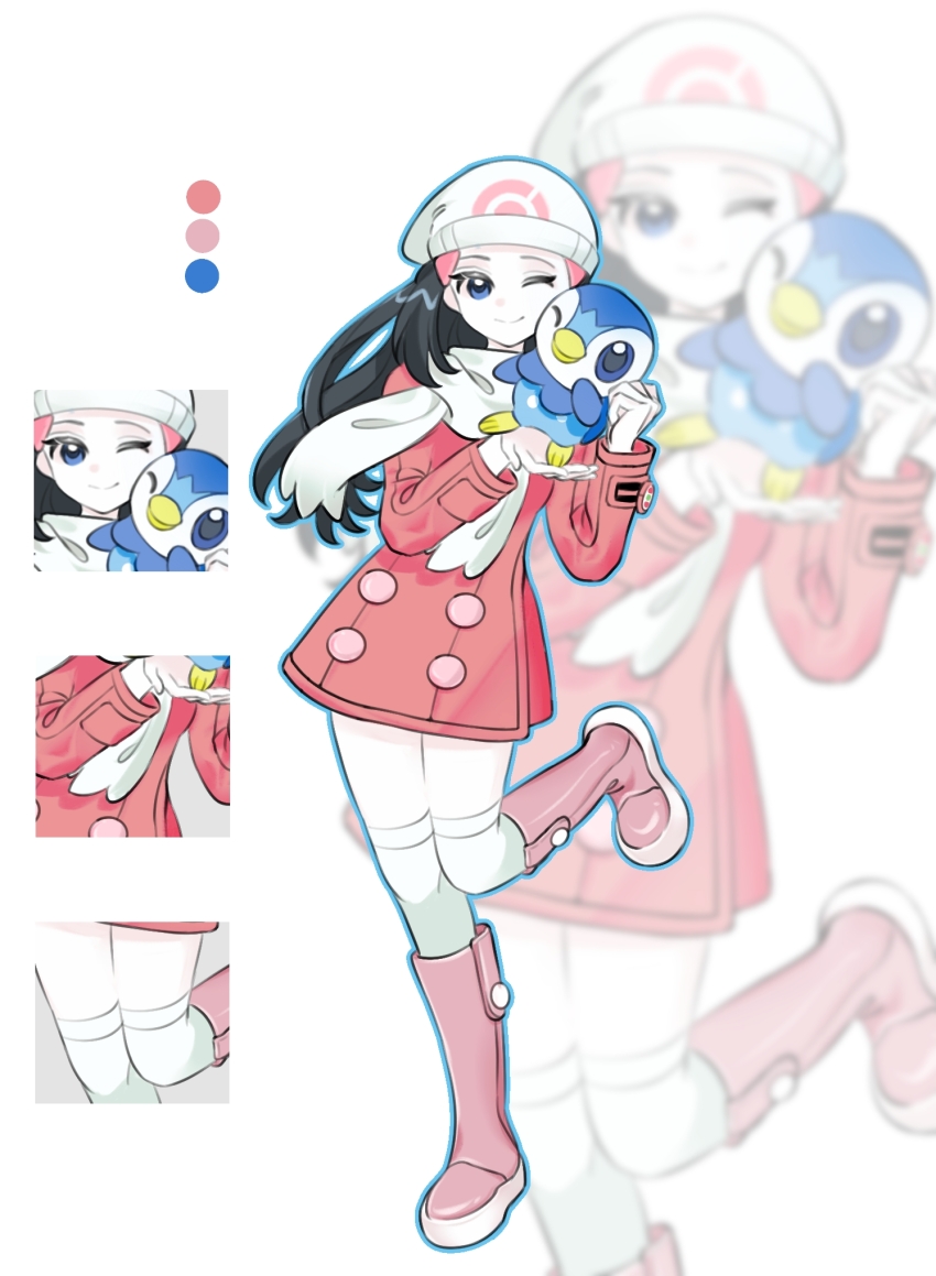 1girl, ;), black_hair, blue_eyes, boots, closed_mouth, coat, color_guide