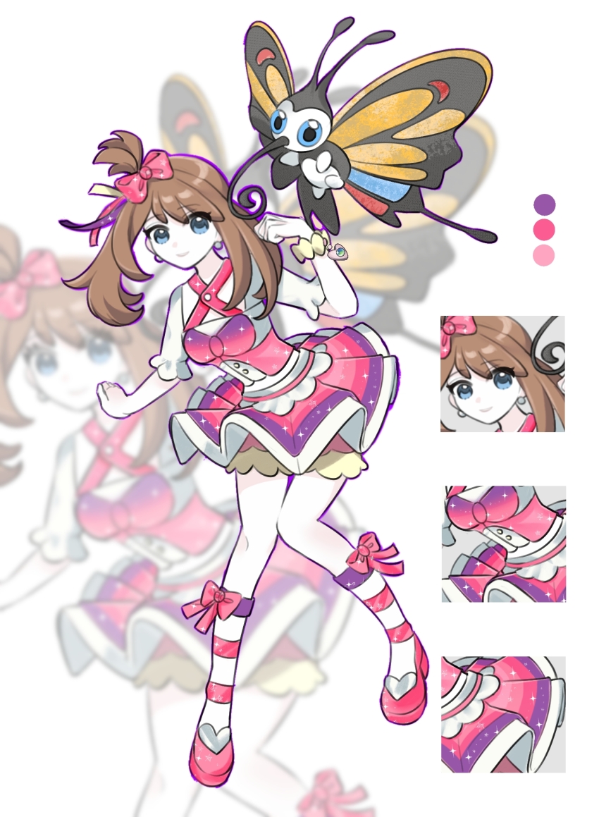 1girl, beautifly, bow, bracelet, brown_hair, closed_mouth, color_guide, commentary_request