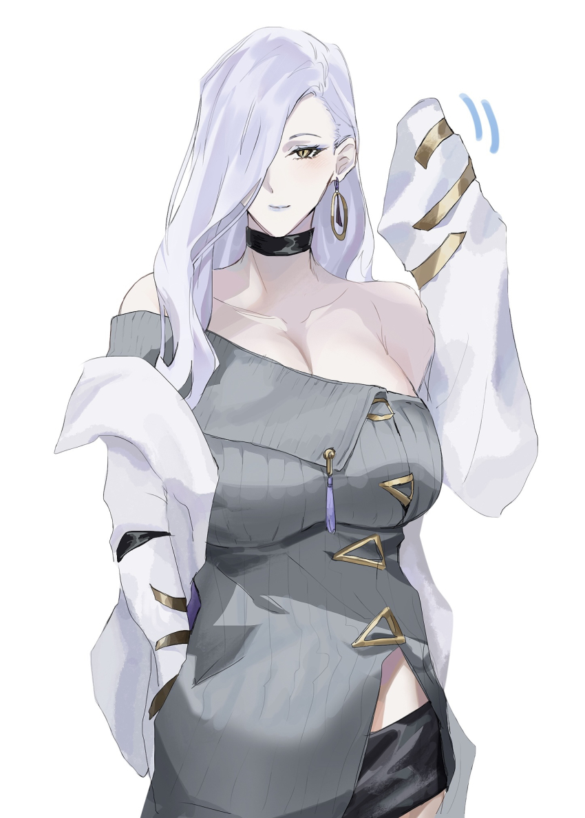 1girl, bare_shoulders, black_shorts, blue_lips, blush, breasts, choker, cleavage, collarbone, dress, earrings, eyeliner, fate/grand_order, fate_(series), fuyotan, grey_dress, hair_over_one_eye, highres, hoop_earrings, jacket, jewelry, large_breasts, long_hair, long_sleeves, looking_at_viewer, makeup, hebi_nyoubou_(fate), off_shoulder, short_shorts, shorts, smile, sweater, sweater_dress, tassel, white_hair, white_jacket, yellow_eyes