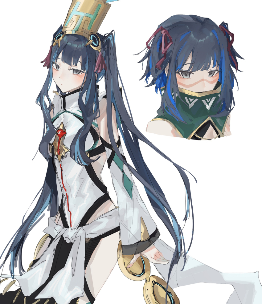 1girl, bare_shoulders, black_hair, blue_hair, breasts, colored_inner_hair, detached_collar, eyeliner