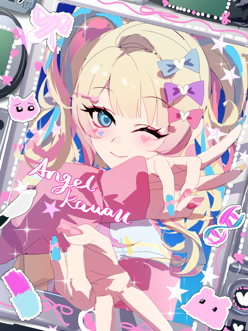 1girl, absurdres, blonde_hair, blue_cardigan, blue_eyes, blue_hair, blue_nails, cardigan, chouzetsusaikawa_tenshi-chan, cosplay, double_v, facial_mark, gyaru_v, heart, heart_facial_mark, highres, junpaku_karen, long_hair, looking_at_viewer, needy_girl_overdose, pien_cat_(needy_girl_overdose), pien_cat_(needy_girl_overdose)_(cosplay), pink_hair, pink_nails, solo, twintails, v