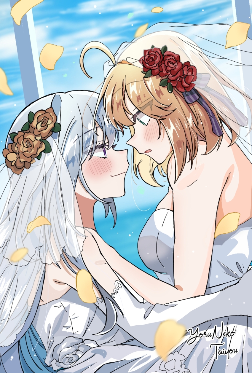 2girls, anisphia_wynn_palettia, artist_name, bare_arms, blonde_hair, blue_sky, breasts, bridal_veil
