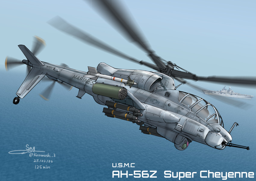 absurdres, agm-114_hellfire, ah-56_cheyenne, aim-9_sidewinder, aircraft, blue_sky, commentary_request, dated, english_text, flying, gatling_gun, helicopter, highres, military_vehicle, minigun, mixed-language_commentary, motion_blur, no_humans, ocean, original, rocket_pods, ship, signature, sky, teisei_misagi, twitter_username, united_states_marine_corps, warship, water, watercraft