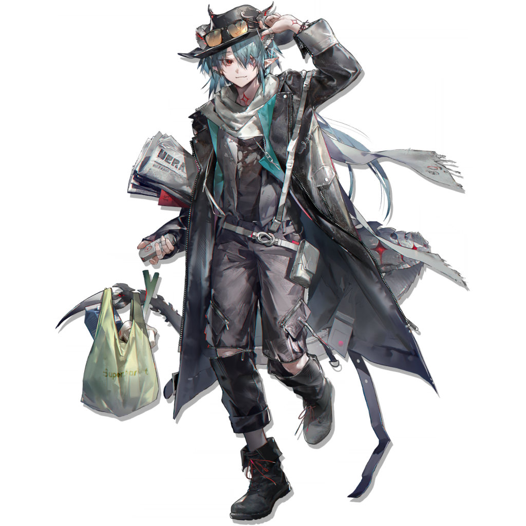 1boy, ankle_boots, aqua_hair, arknights, arm_up, bad_link, bag, bandaid