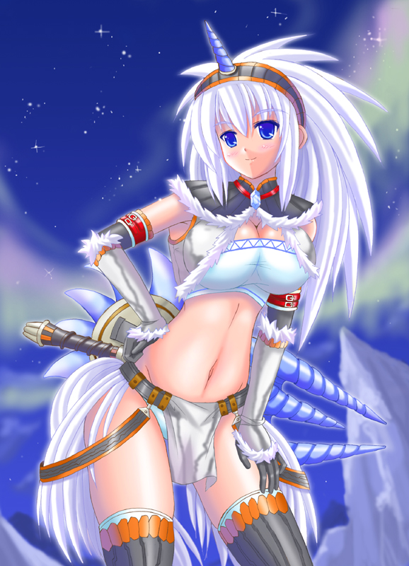 1girl, blue_eyes, capcom, elbow_gloves, female_focus, gloves, hairband, hand_on_own_hip, horns, kirin_(armor), loincloth, monster_hunter_(series), night, shield, single_horn, sky, solo, thighhighs, utsubo_kazura, weapon, white_hair