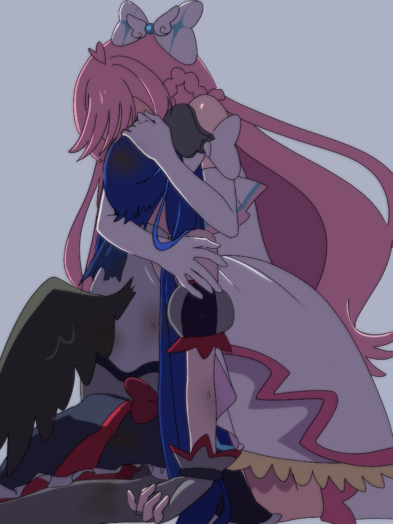 2girls, black_wings, blue_hair, bow, braid, commentary_request, corruption, cure_prism