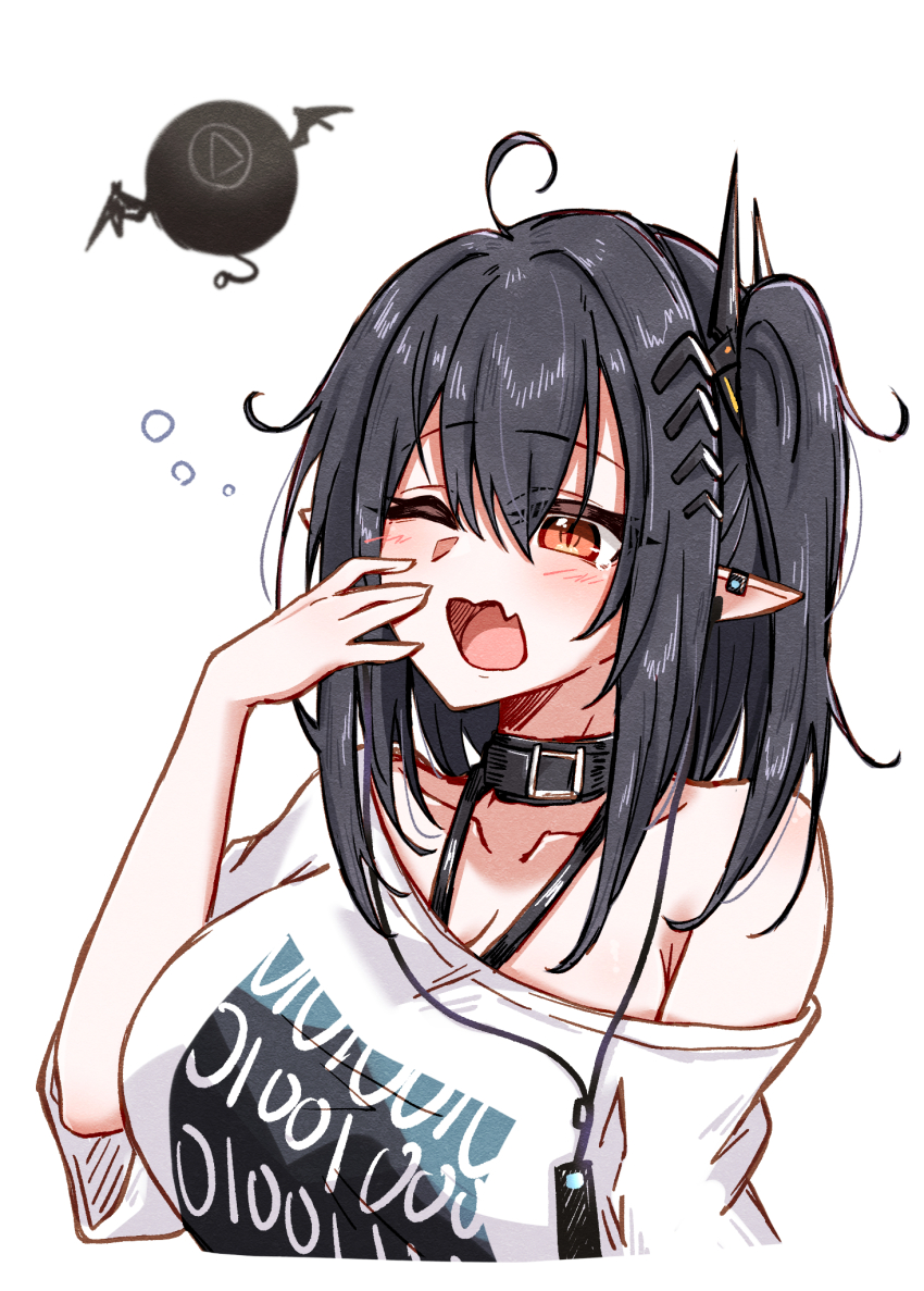 1girl, ahoge, arknights, bare_shoulders, black_hair, breasts, cleavage, closure_(act_ii)_(arknights)