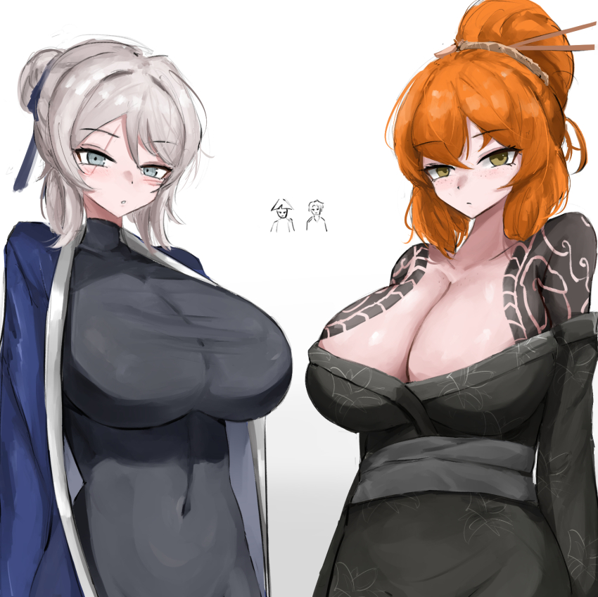 2girls, arm_tattoo, black_kimono, breasts, character_request, doubleuww1, hair_bun, hair_ornament