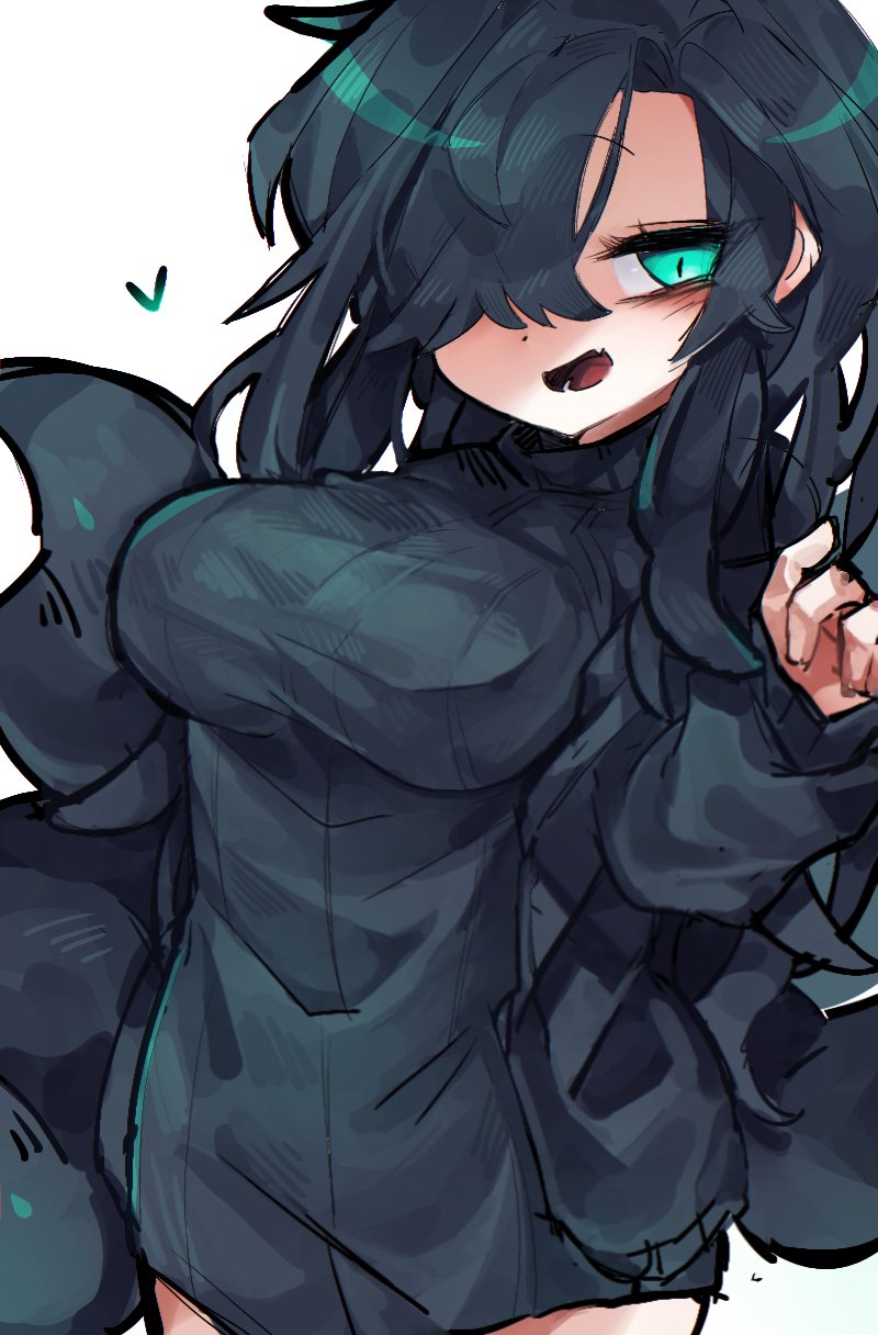 1girl, :d, alternate_universe, aqua_eyes, black_hair, black_sweater, breasts, commentary_request