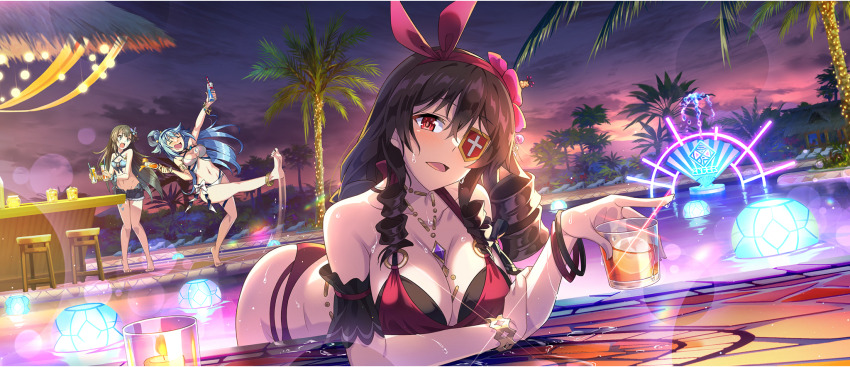 3girls, :d, anklet, aqua_(konosuba), arm_garter, arue_(konosuba), ass, bar_(place)