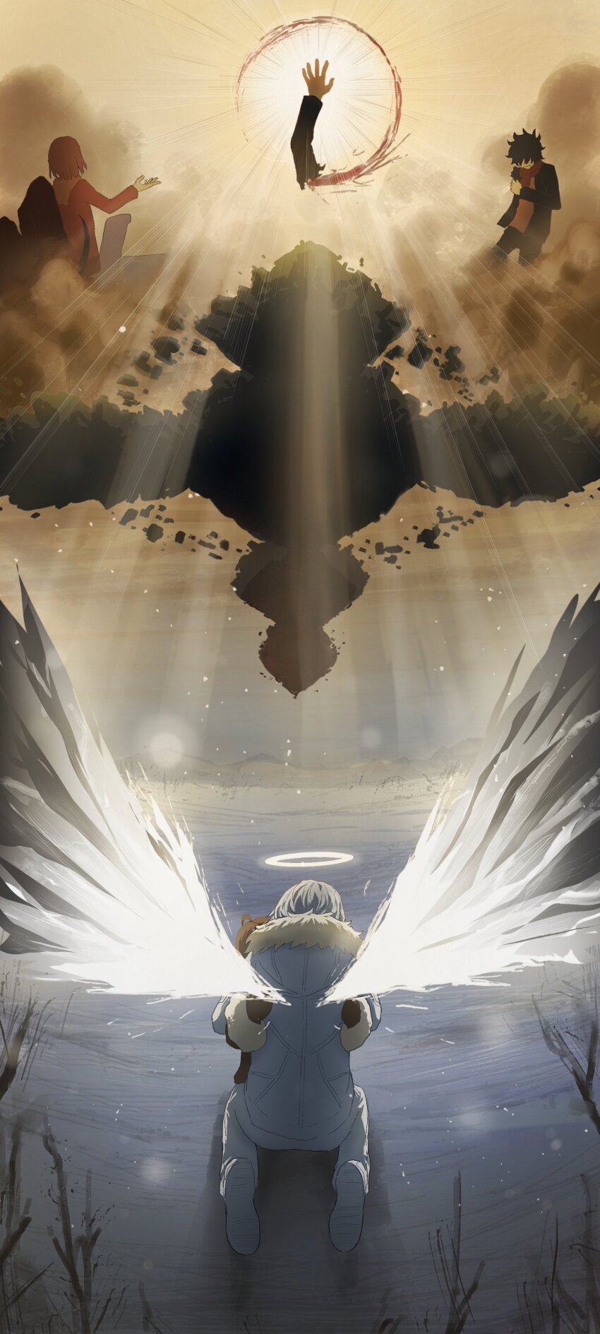 absurdres, accelerator_(toaru_majutsu_no_index), black_hair, black_jacket, blood, brown_gloves, brown_hair, brown_jacket, cloud, fiamma_of_the_right, flying_fortress, fortress, gloves, halo, highres, jacket, kamijou_touma, kneeling, last_order_(toaru_majutsu_no_index), long_sleeves, orange_hair, orange_shirt, pants, red_scarf, scarf, severed_arm, severed_limb, shirt, short_hair, snow, snowing, star_of_bethlehem, sunlight, tatararashi, toaru_majutsu_no_index, toaru_majutsu_no_index:_old_testament, white_footwear, white_hair, white_halo, white_jacket, white_pants, white_wings, wings, wings_through_clothes