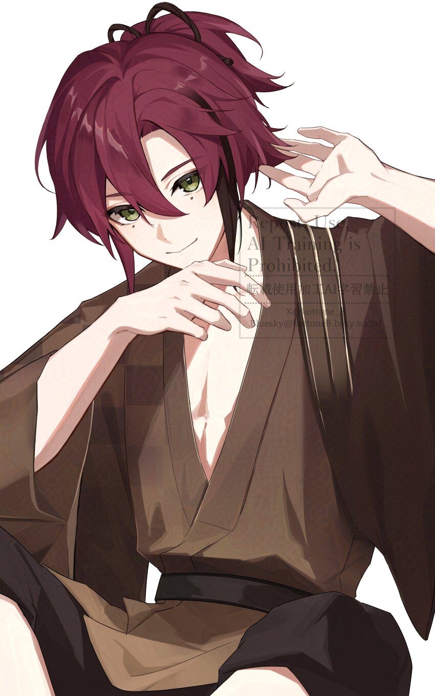 1boy, absurdres, bishounen, collarbone, cowboy_shot, genshin_impact, green_eyes, hair_between_eyes