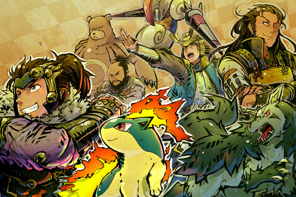 arm_up, armor, azai_nagamasa_(sengoku_musou), brown_eyes, brown_hair, crossed_arms, escavalier, gen_2_pokemon