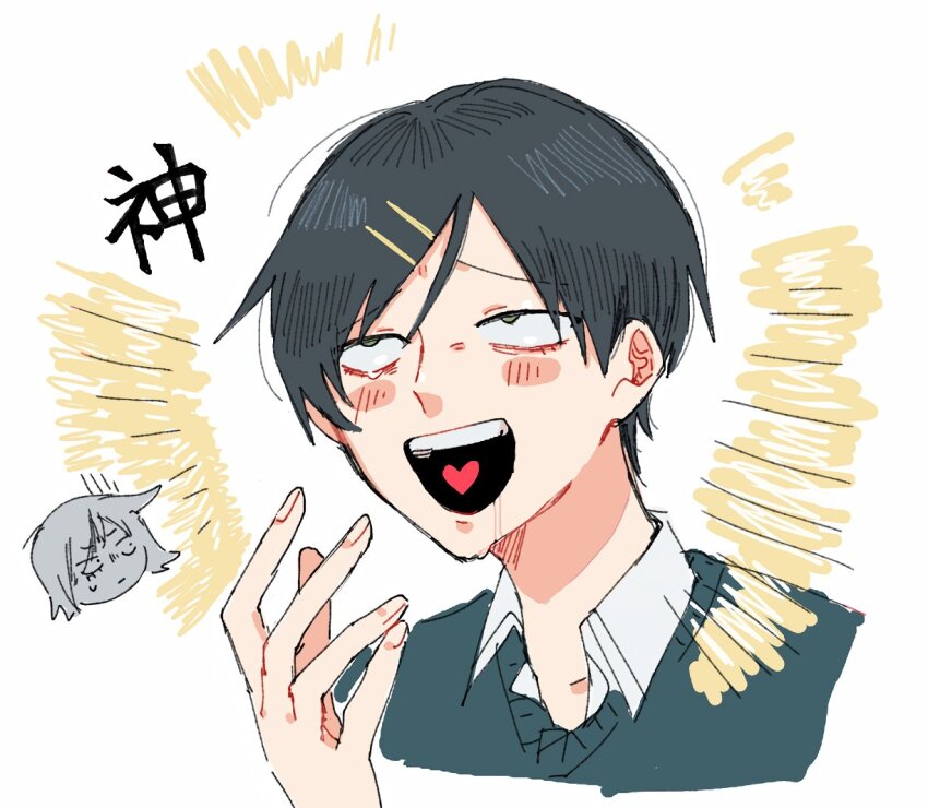 2girls, :d, :|, black_hair, blush, chibi, closed_mouth, collared_shirt