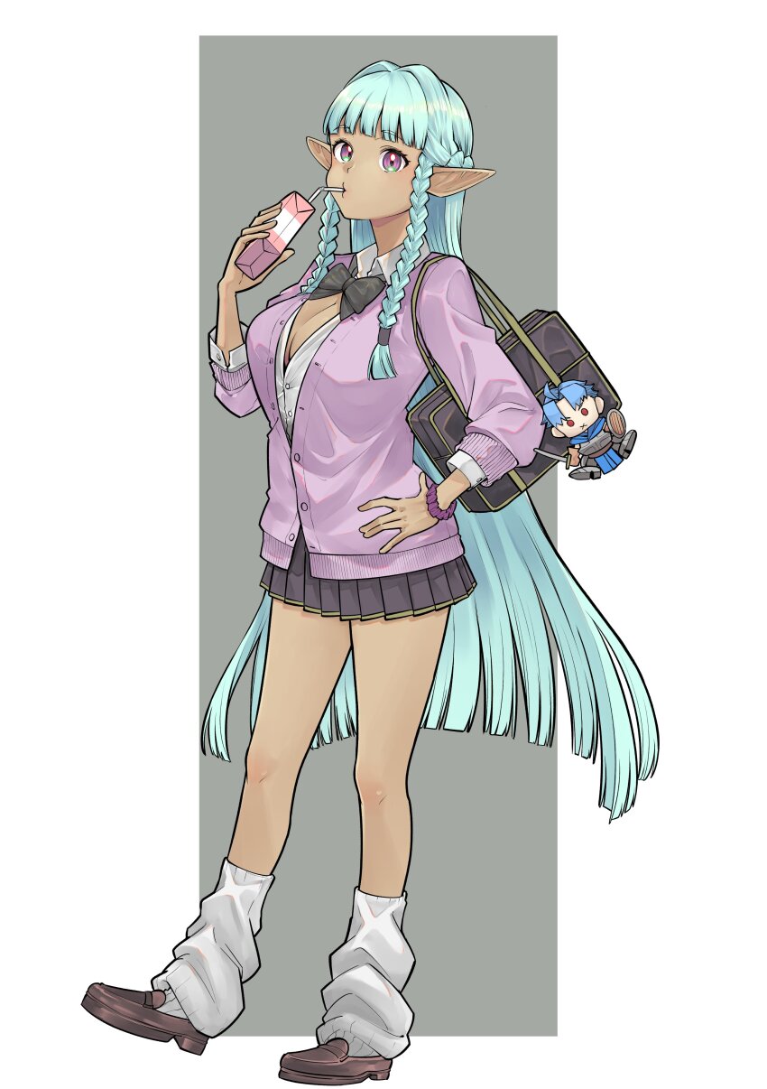 1girl, absurdres, bag, black_bow, black_bowtie, blue_hair, bow, bowtie