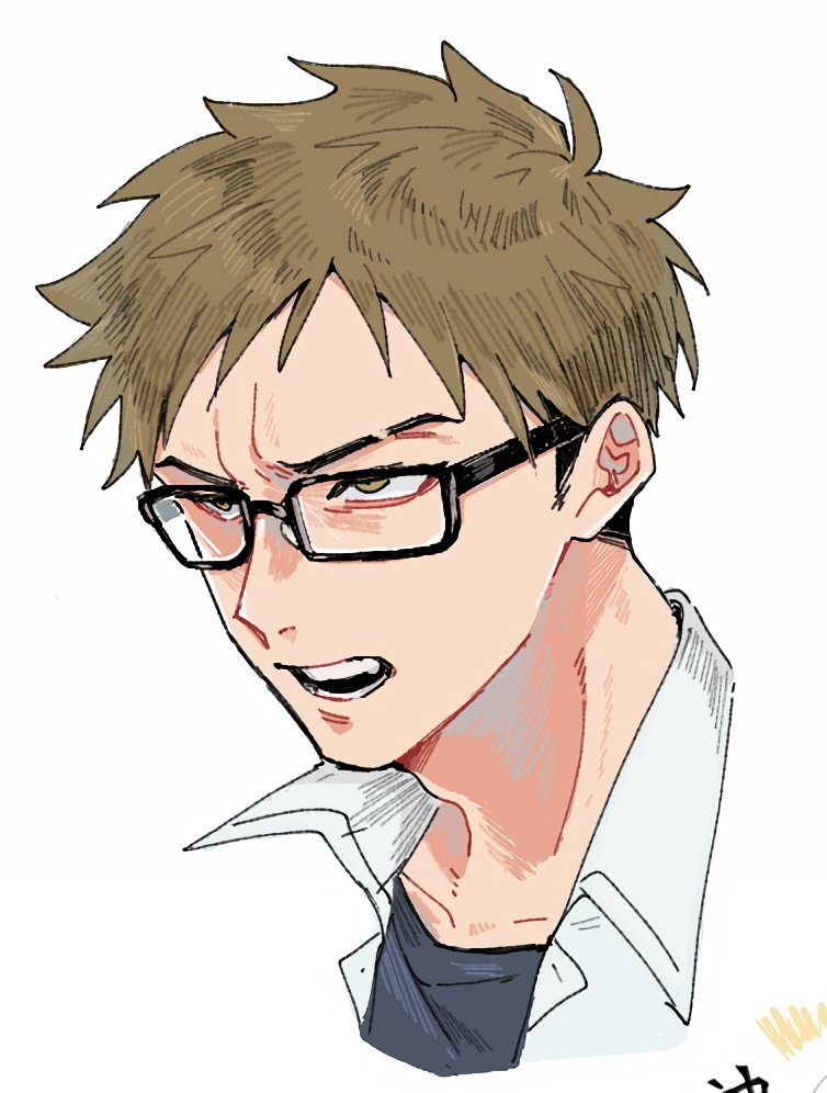 1boy, black-framed_eyewear, black_hair, black_shirt, brown_eyes, brown_hair, collarbone, collared_shirt